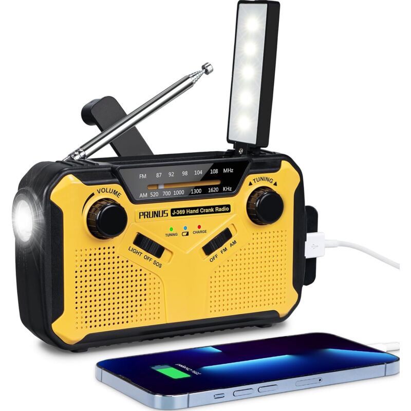foto del prodotto radio portatile di sopravvivenza dynamo, radio a batteria j 369 am fm con power bank da 3000 mah allarme sos torcia pannello solare, altoparlanti,