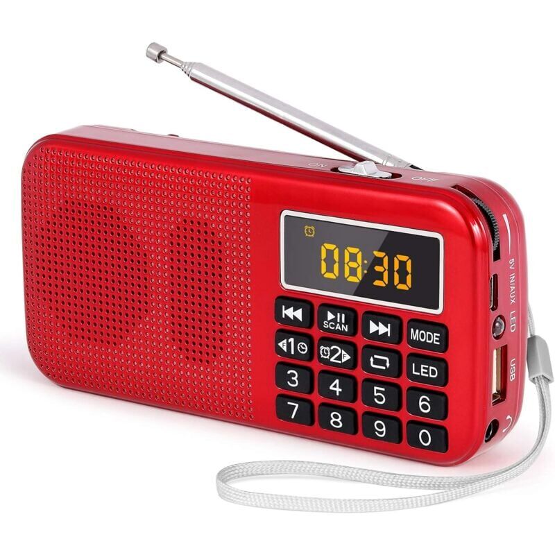 foto del prodotto radio portatile, radio fm con batteria ricaricabile di grande capacit 3000 mah , supporto mp3 sd usb aux, rosso