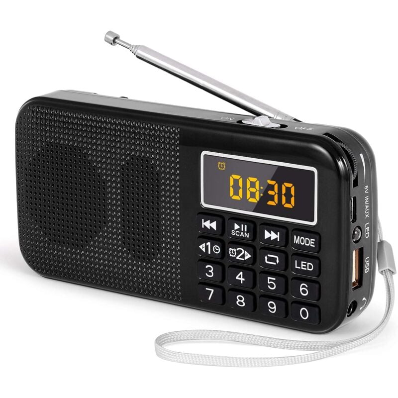 foto del prodotto radio portatile ricaricabile j 725, radio fm con batteria ricaricabile da 3000 mah, piccola radio digitale portatile con orologio sveglia e luce di