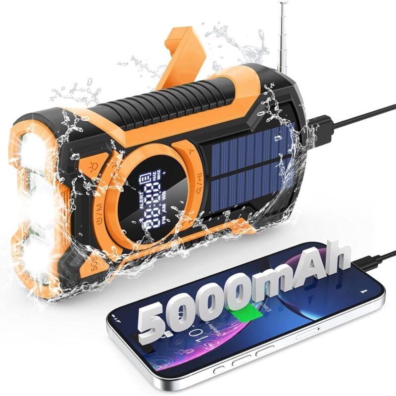 foto del prodotto radio portatile ricaricabile, radio dinamo con torcia a led, radio solare am fm a manovella, radio a batteria, allarme di sopravvivenza