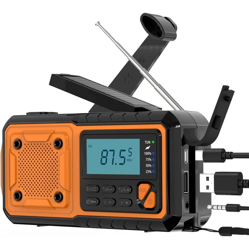 foto del prodotto radio portatile solare, radio di emergenza a manovella da 4000 mah con radio fm am mw sw wba dynamo, con torcia a led allarme sos cavo usb per