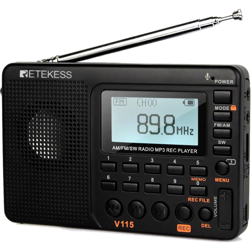 foto del prodotto radio portatile v115, piccola radio ricaricabile, fm am sw, alimentata a batteria e rete elettrica, scheda tf, registratore, mp3, timer di