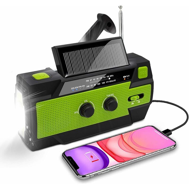 foto del prodotto radio solare da cantiere, radio portatile a manovella con radio am fm, batteria ricaricabile integrata da 4000 mah, torcia a led a 4 modalit , luce