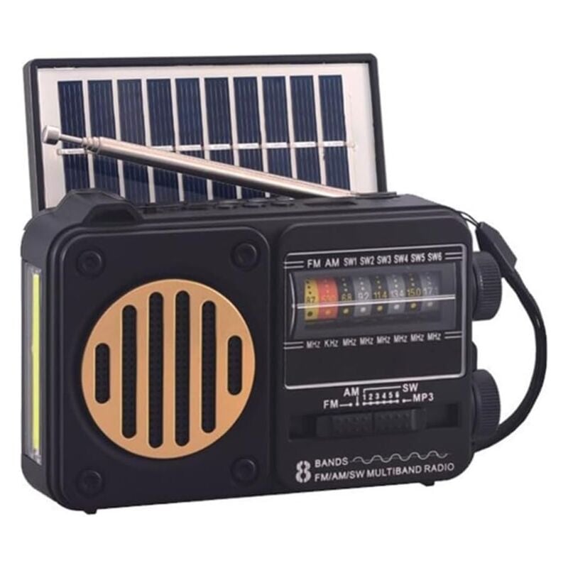 foto del prodotto radio solare portatile con altoparlante bluetooth, torcia a led e lettore mp3 ricevitore fm am sw, usb, scheda tf