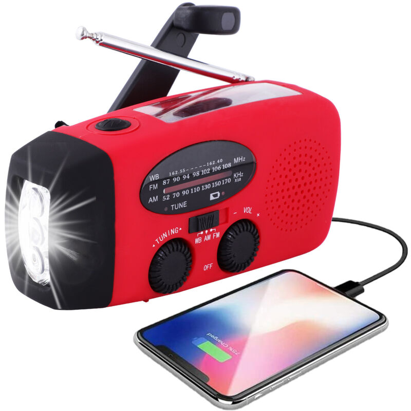 foto del prodotto radio solare portatile, radio a manovella am fm noaa autoalimentata, dispositivo di emergenza radio meteorologica con torcia a 3 led e caricabatterie
