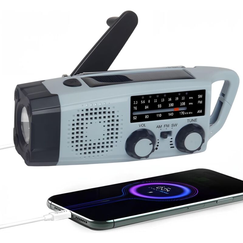 foto del prodotto radio solare, radio portatile am fm a manovella, emergenza, torcia a led, batteria ricaricabile da 2000 mah, caricabatterie usb per telefono, allarme