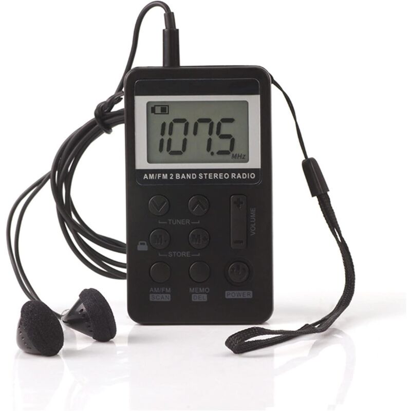 foto del prodotto radio tascabile, radio portatile con cuffie, mini radio stereo digitale am fm con cuffie, batteria ricaricabile, display lcd per camminare correre,