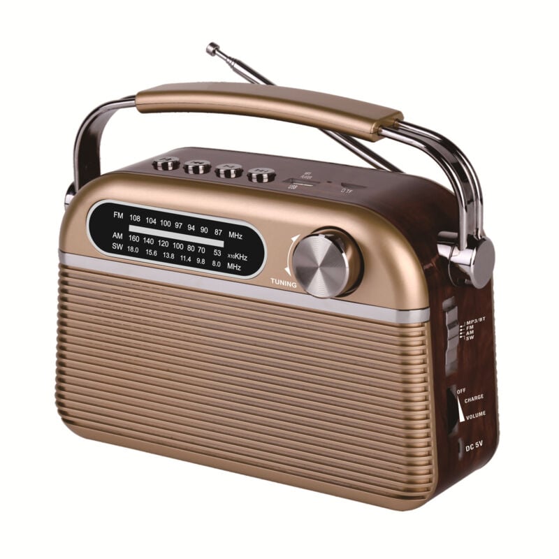 foto del prodotto radio vintage a onde lunghe effetto legno, am fm sw, lettore di schede usb micro sd, spina di rete o batteria non inclusa
