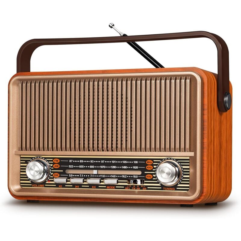 foto del prodotto radio vintage j 120, radio portatile am fm sw con batteria ricaricabile da 1800 mah o alimentatore ca, radio bluetooth, radio retr vintage supporta