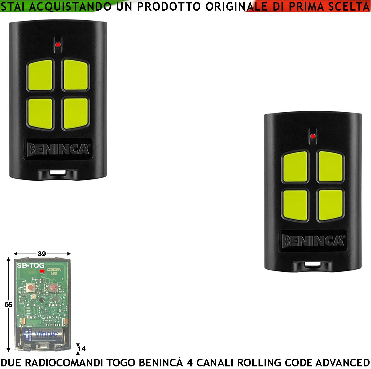 foto del prodotto radiocomando 2 trasmettitori to.go 4 canali freq. 433,92 mhz portata radio 60 100 metri codice advanced rolling code 128 bit batteria 12 v 23a cover abs nero tasti gialli comando automatismo benincà