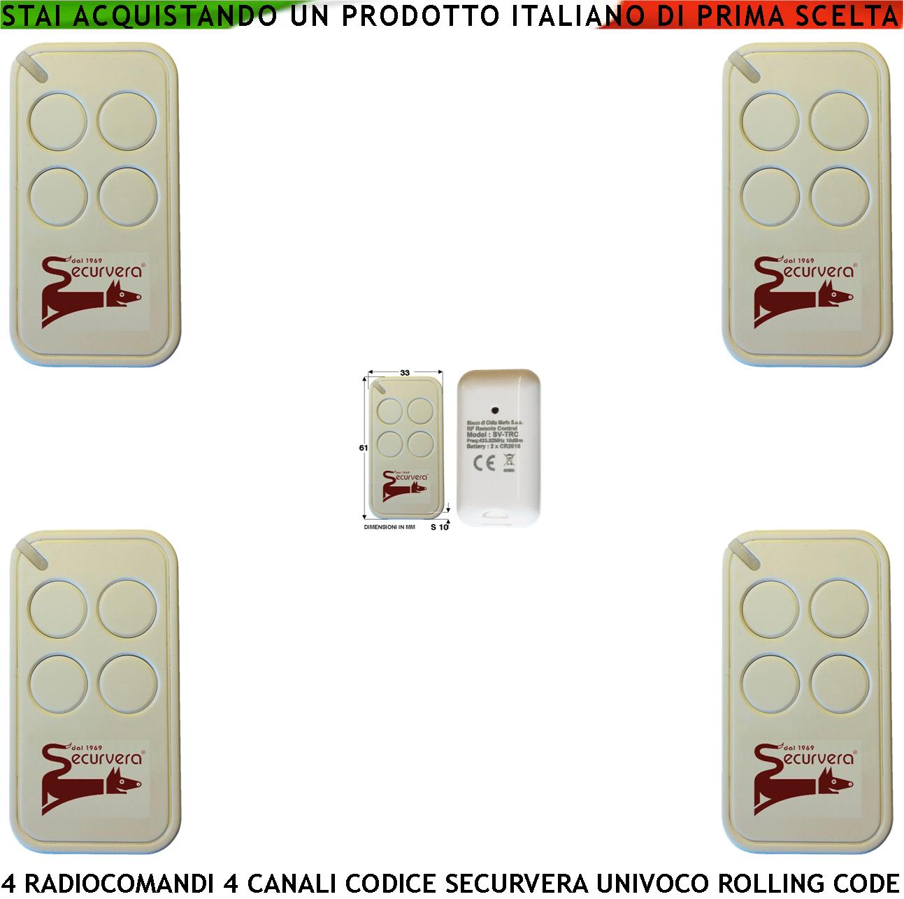 foto del prodotto radiocomando 4 telecomandi frequenza di trasmissione 433,92 mhz 4 canali potenza 1 mw una codifica di sicurezza univoca securvera led segnalazione funzione