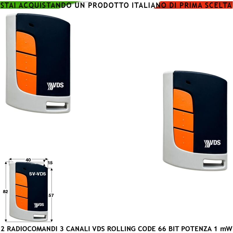 foto del prodotto radiocomando cancello 3 canali 2 pezzi frequenza 433,92 mhz potenza 1 mw portata libera 60 100 mt codice sicurezza vds rolling code 66 bit batteria