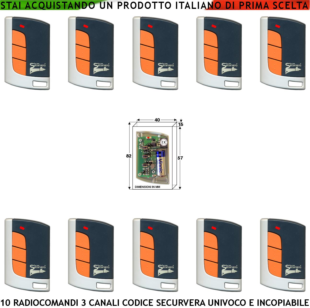 foto del prodotto radiocomando cancello tre canali dieci pezzi frequenza 433,92 mhz potenza 1 mw portata aria libera 60 100 mt codice sicurezza securvera rolling code 66 bit batteria 12 v 23a contenitore abs tre colori