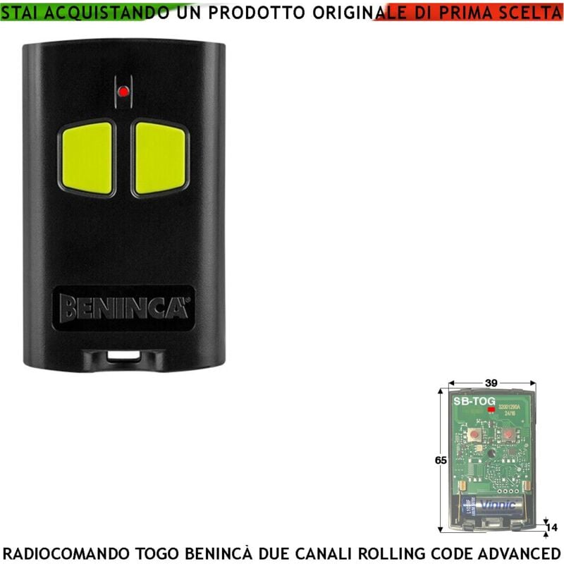 foto del prodotto radiocomando to.go 2 canali frequenza 433,92 mhz portata libera 60 100 mt codice sicurezza advanced rolling code 128 bit batteria 12 v 23a