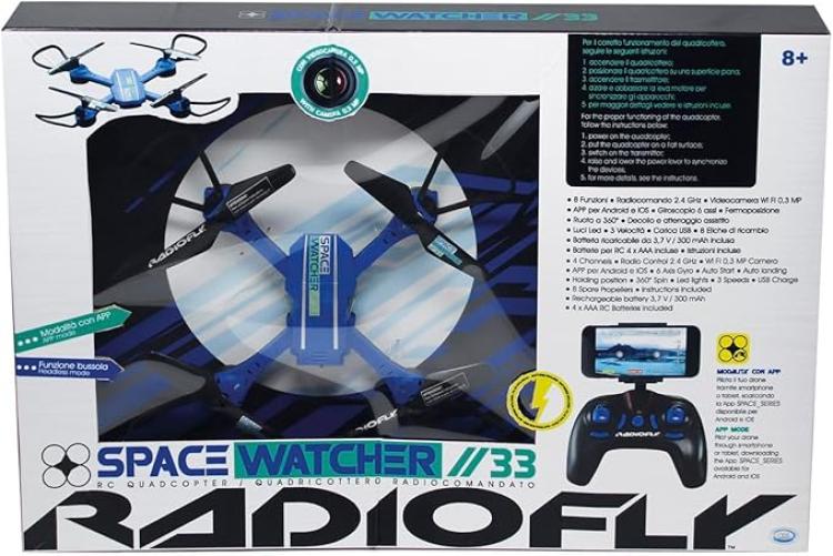 foto del prodotto radiofly, space watcher 33, drone per bambini con giroscopio, 8 funzioni, 3 velocita, rotazione 360 , con app e suppo