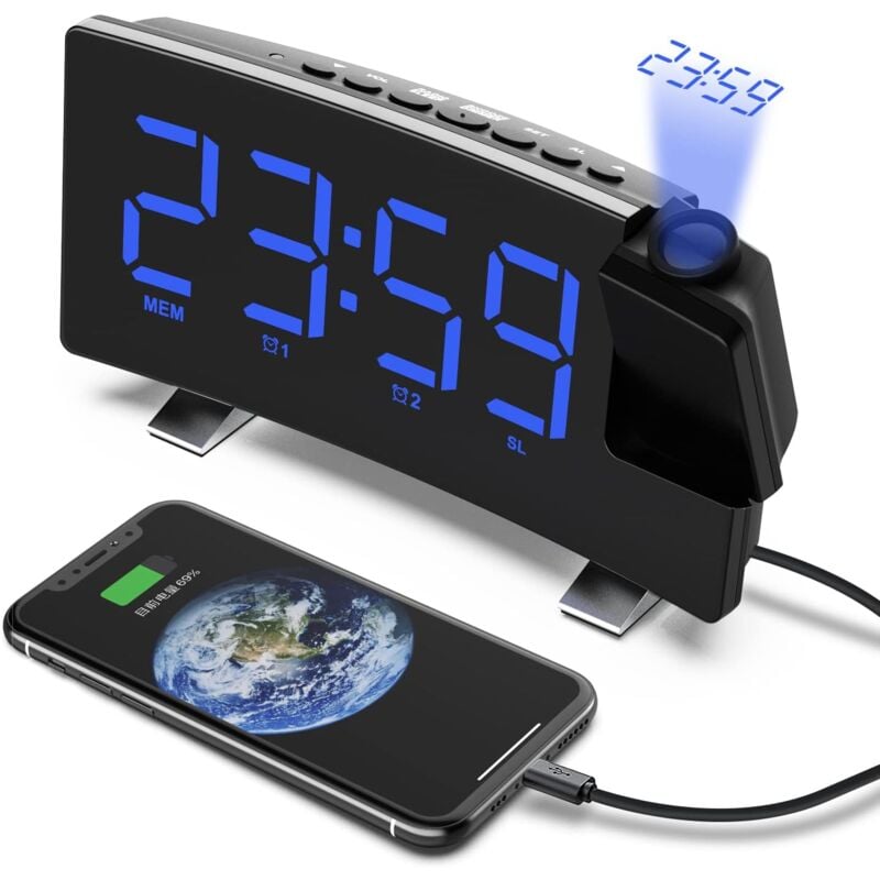 foto del prodotto radiosveglia con proiezione, sveglia con proiezione a soffitto a 180 , orologio digitale fm usb con doppia sveglia, timer di spegnimento, 12 24 ore