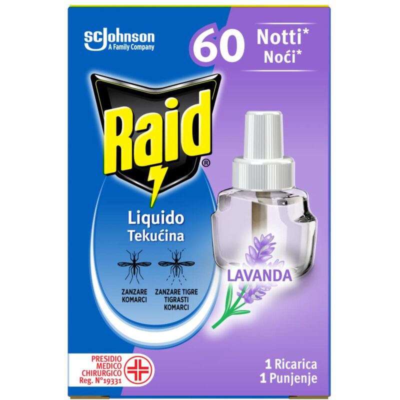 foto del prodotto raid liquido elettrico antizanzare comuni e tigre, ricarica, fragranza alla lavanda, confezione da 1 ricarica da 36ml, 60 notti