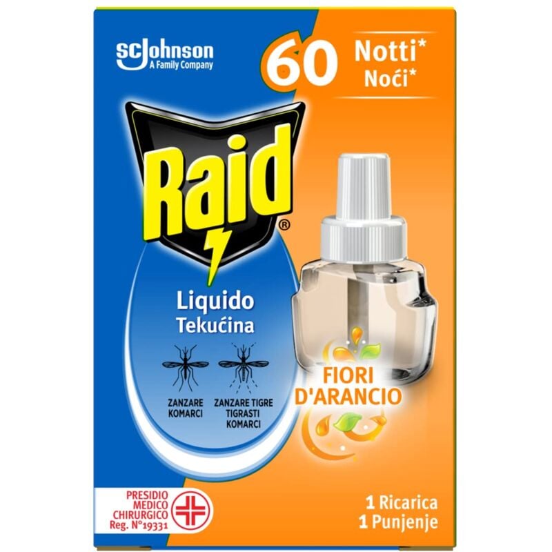 foto del prodotto raid liquido elettrico antizanzare comuni e tigre, ricarica, fragranza fiori d arancio, 1 confezione da 1 ricarica da 36ml, 60 notti