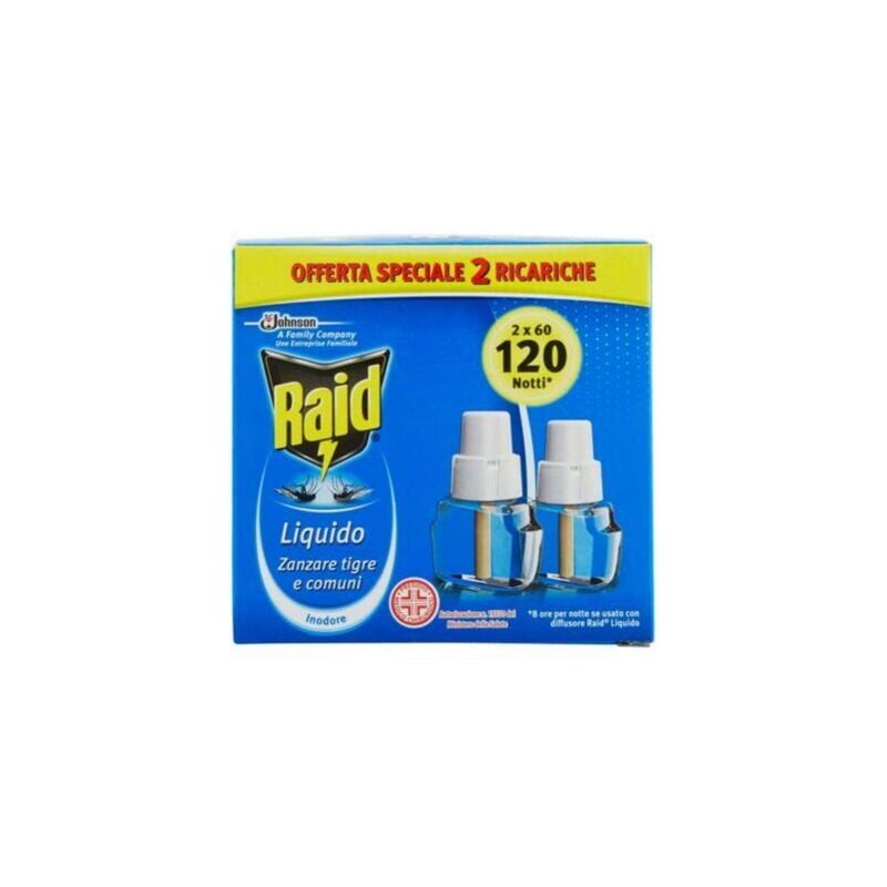 foto del prodotto raid liquido elettrico antizanzare doppia ricarica, inodore, confezione da 2 ricariche da 36ml, 120 notti