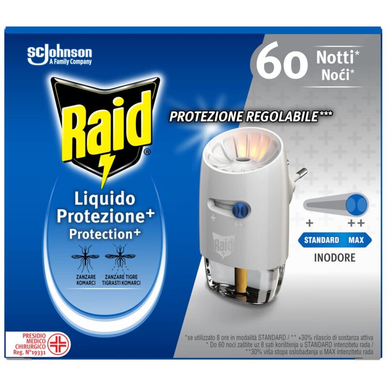 foto del prodotto raid liquido elettrico protezione antizanzare comuni e tigre, inodore, protezione regolabile, confezione da 1 diffusore e 1 ricarica 36ml, 60 notti