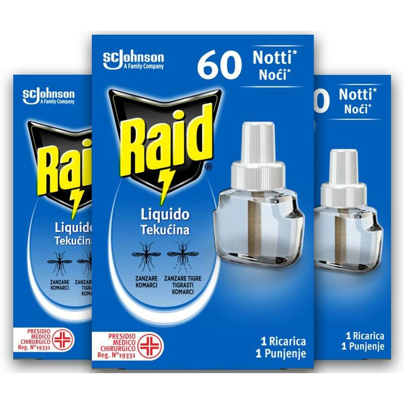 foto del prodotto raid liquido elettrico tripla ricarica, efficace contro zanzare tigre e zanzare comuni 60 notti, 3 confezioni da 36 ml