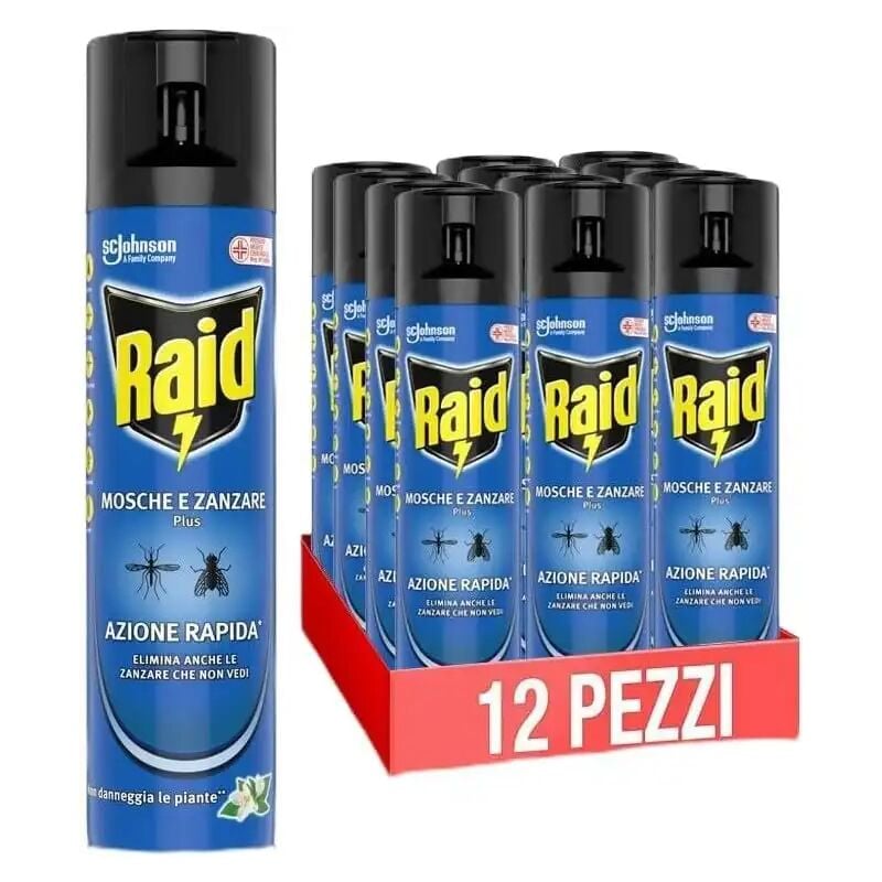 foto del prodotto raid mosche e zanzare plus, spray insetticida 12 confezioni da 400 ml cadauna