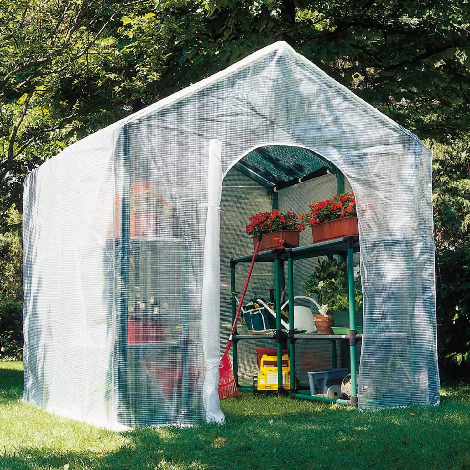 foto del prodotto rama serra da giardino a casetta in pvc con telo violetta verde