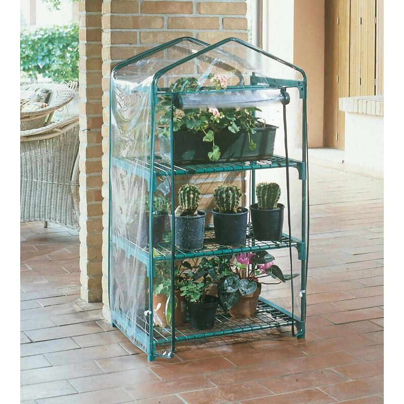 foto del prodotto rama serra da giardino in acciaio 3 ripiani con telo azalea verde