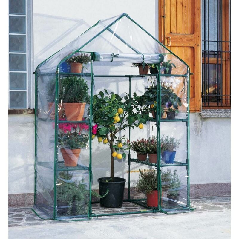 foto del prodotto rama serra da giardino in acciaio 8 ripiani con telo ibiscus verde