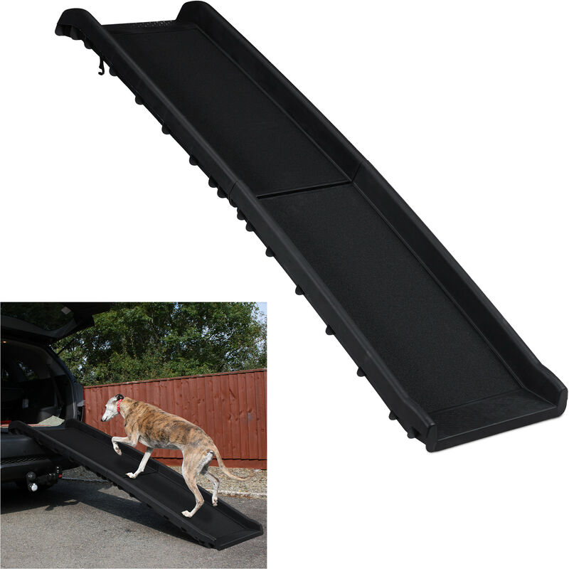 foto del prodotto rampa da auto per cani, pieghevole, antiscivolo, pedana per bagagliaio, max.90 kg, plastica, 156x40 cm, nero relaxdays