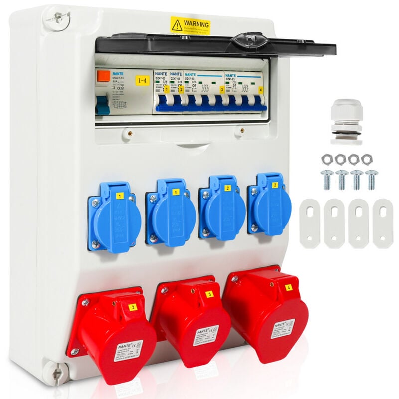 foto del prodotto randaco distributore di corrente a parete con interruttore automatico e fi, quadro di distribuzione elettrica 1x32a 2x16a 4x230v mit ls fi