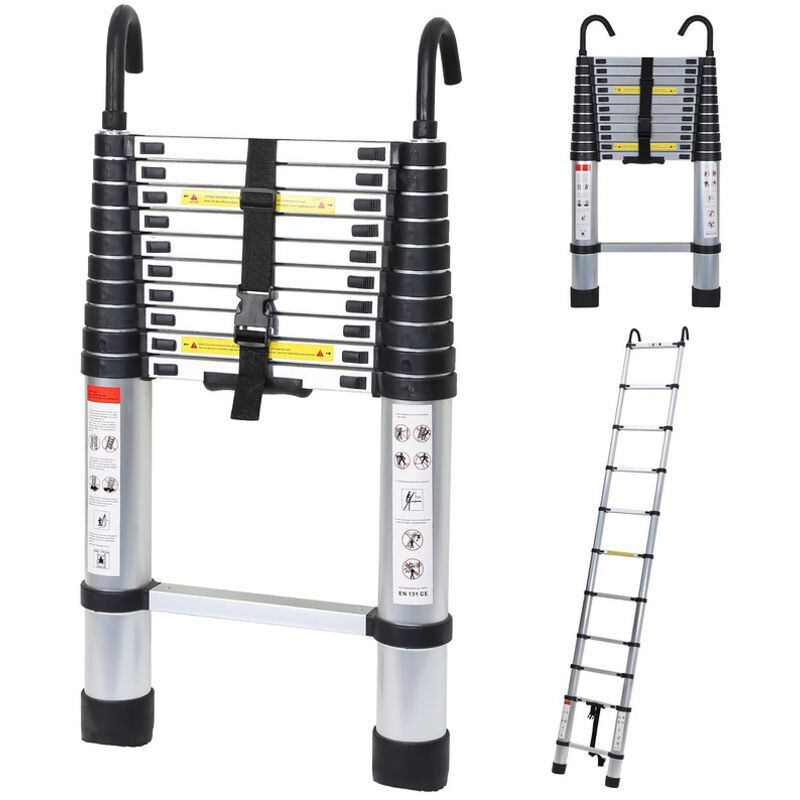foto del prodotto randaco scala telescopica con scala di estensione del gancio fino a 150 kg scala a pioli in alluminio stabile argento 3,2 m