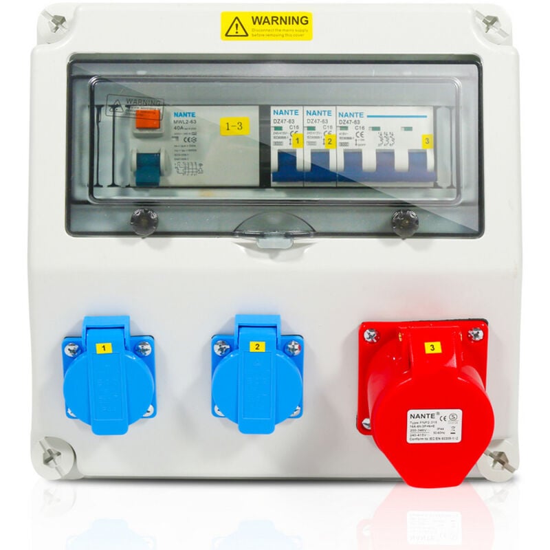 foto del prodotto randaco site box distributore da parete con magnetotermico e fi, distributore elettrico da cantiere a 5 poli con 2 prese schuko e presa cee 16 a