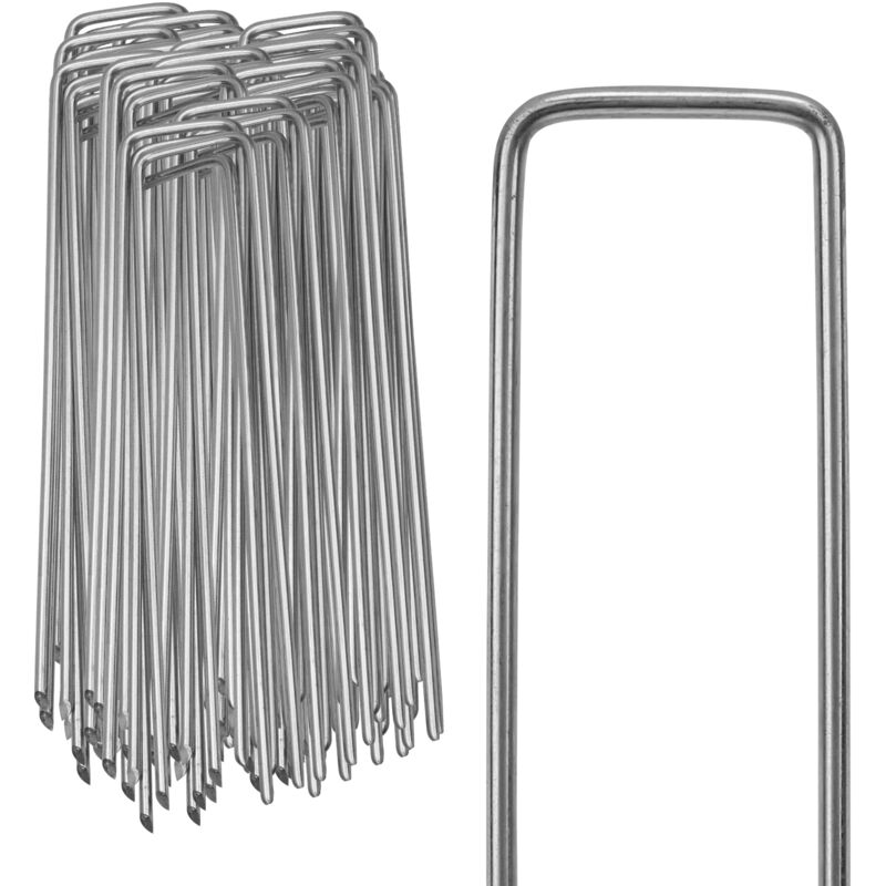 foto del prodotto randaco swanew 100 picchetti in acciaio zincato per ancoraggio a terra. 150 x 25 mm. per reti da giardinaggio arrotondate a u per teloni
