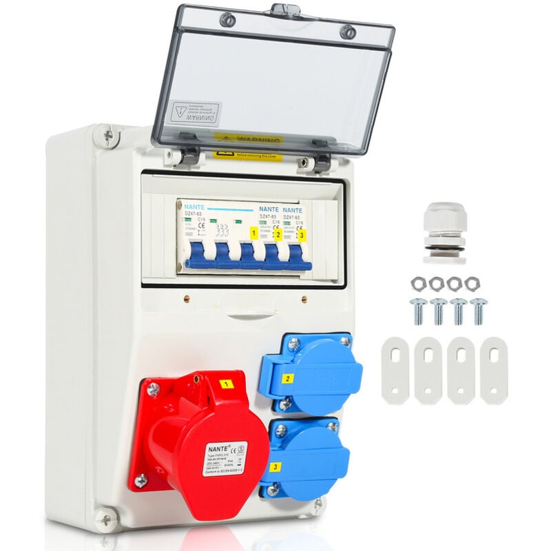 foto del prodotto randaco swanew site box distributore da parete con magnetotermico. distributore elettrico da cantiere a 5 poli con 2 prese schuko e presa 16 a cee