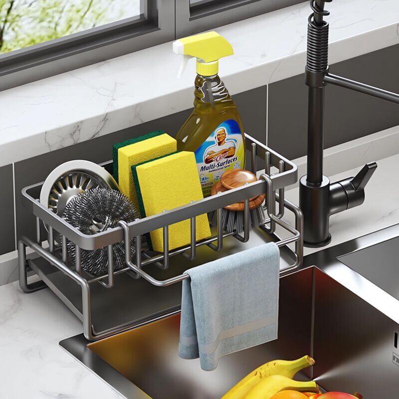 foto del prodotto rangement et organisation de cuisine, organisateur d vier en acier inoxydable avec bac d coulement automatique pour porte eponge, porte serviettes,