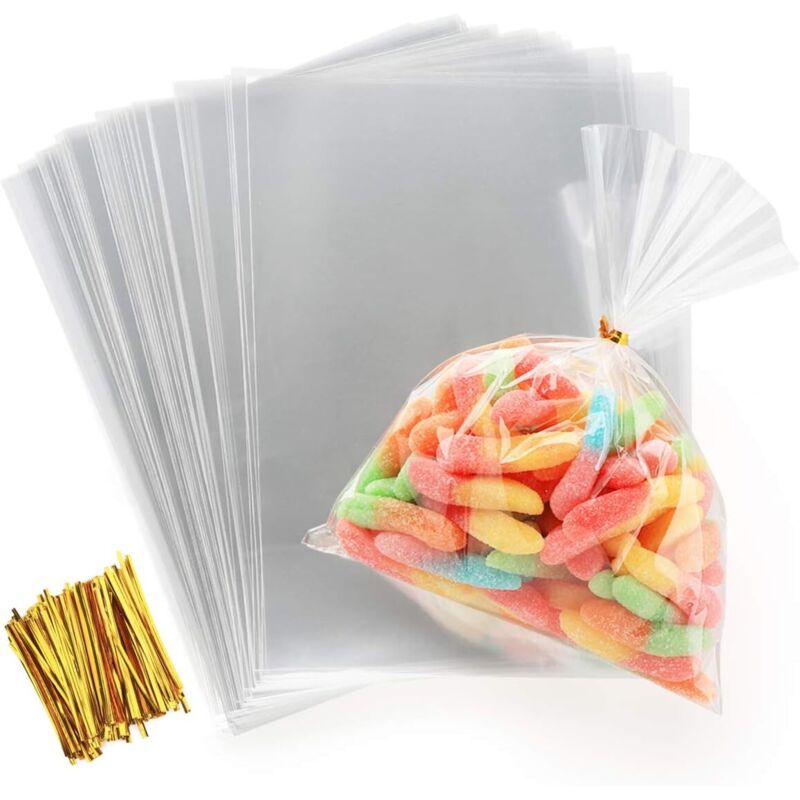 foto del prodotto rapanda - 200 sacchetti di plastica trasparenti in opp, 15x20 cm, sacchetti di cellophane per caramelle, sacchetti regalo trasparenti con lacci, 10