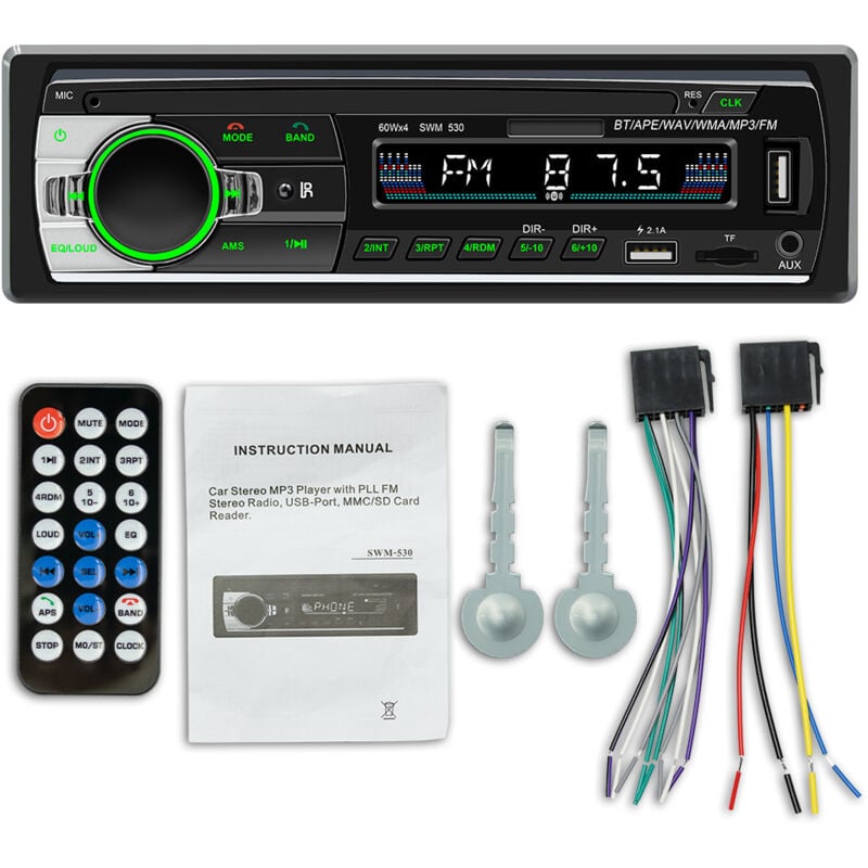 foto del prodotto rapanda autoradio bluetooth, ricevitore autoradio 1 din con lettore mp3, telecomando wma fm, due porte usb, stereo vivavoce 4 x 60 w, supporto ios,
