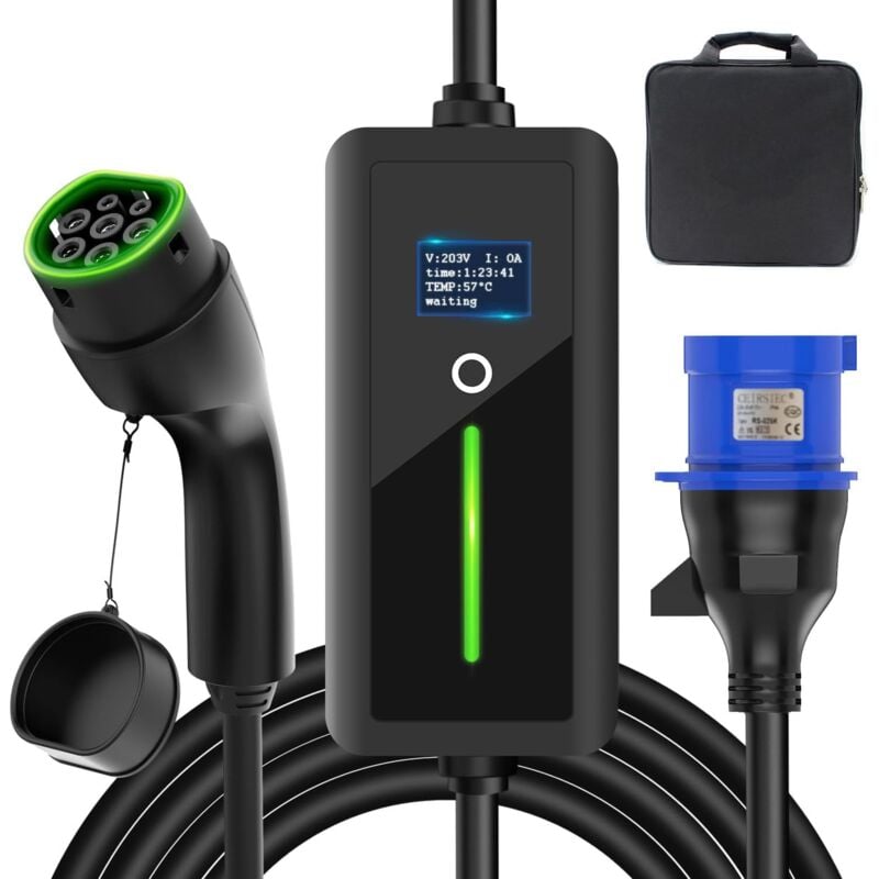 foto del prodotto rapanda caricabatterie mobile di tipo 2 per auto elettriche, cavo di ricarica portatile da 7 kw con spina cee per veicoli elettrici, impermeabile