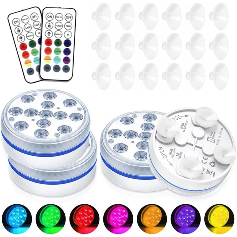 foto del prodotto rapanda confezione da 4 luci led sommergibili per piscine fuori terra, impermeabili ip68, con telecomando rf, 16 colori rgb
