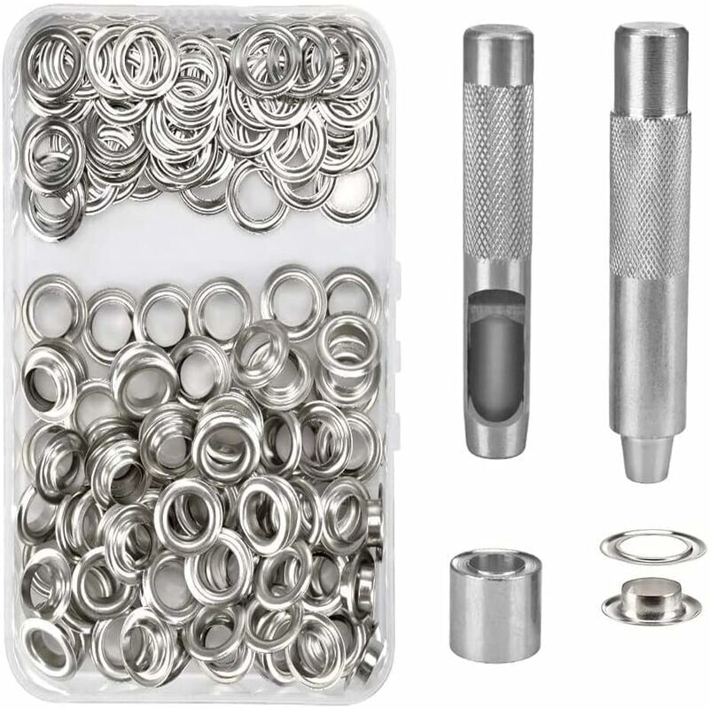 foto del prodotto rapanda kit occhielli passacavo da 100 occhielli in metallo set occhielli occhiello passacavo da 14 mm per riparazione tende teloni in tela argento