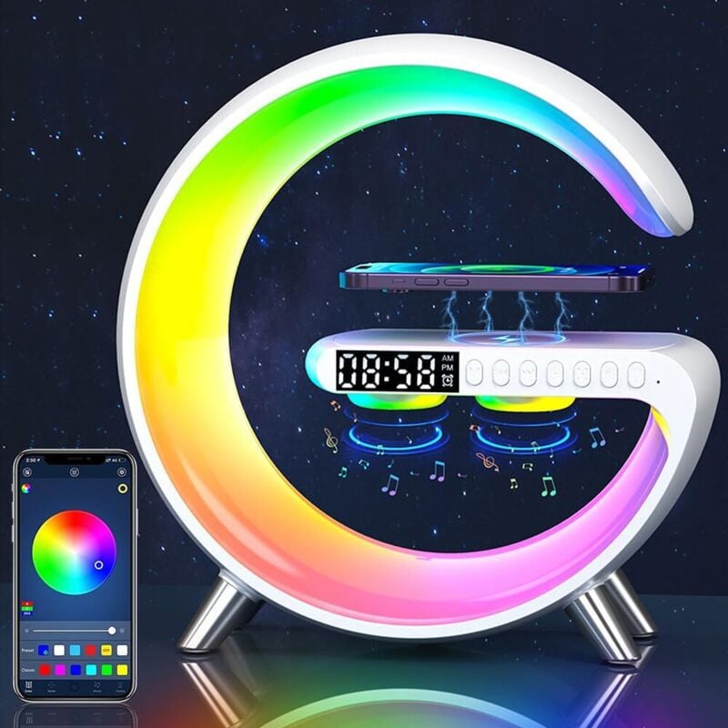 foto del prodotto rapanda lampada caricatore a induzione, altoparlante bluetooth luminoso con controllo app, sveglia con caricatore a induzione, luce notturna