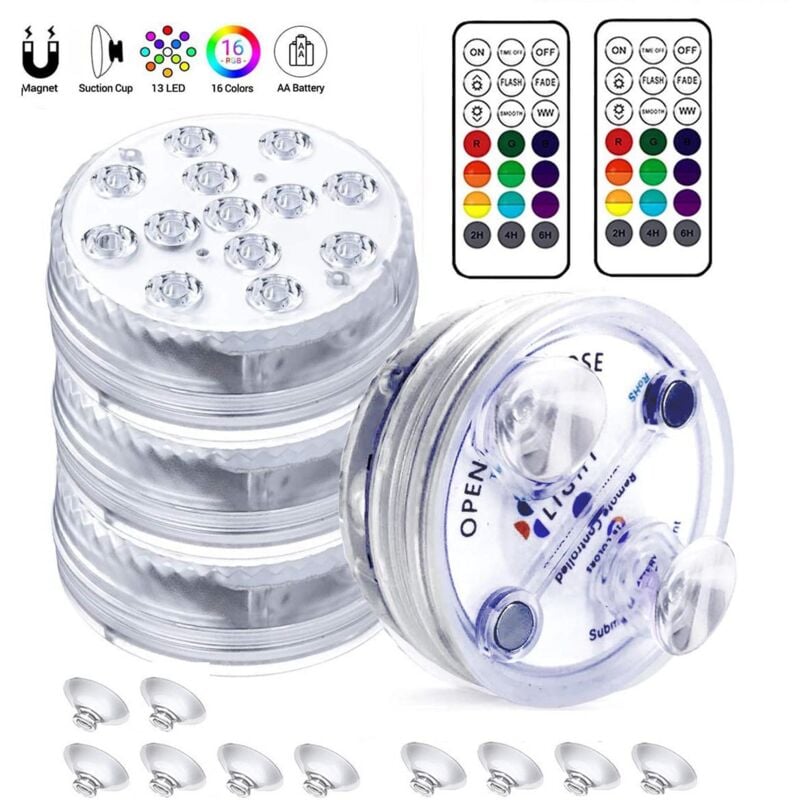 foto del prodotto rapanda luci subacquee per piscina, luce subacquea ip68 con 13 led, luce impermeabile con telecomando per piscina, base per vaso, fontana, natale