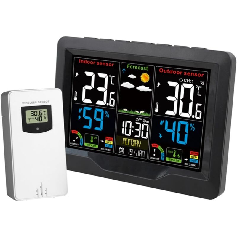 foto del prodotto rapanda orologio meteorologico a colori con sensore, termometro e igrometro per interni, sveglia ricaricabile tramite usb