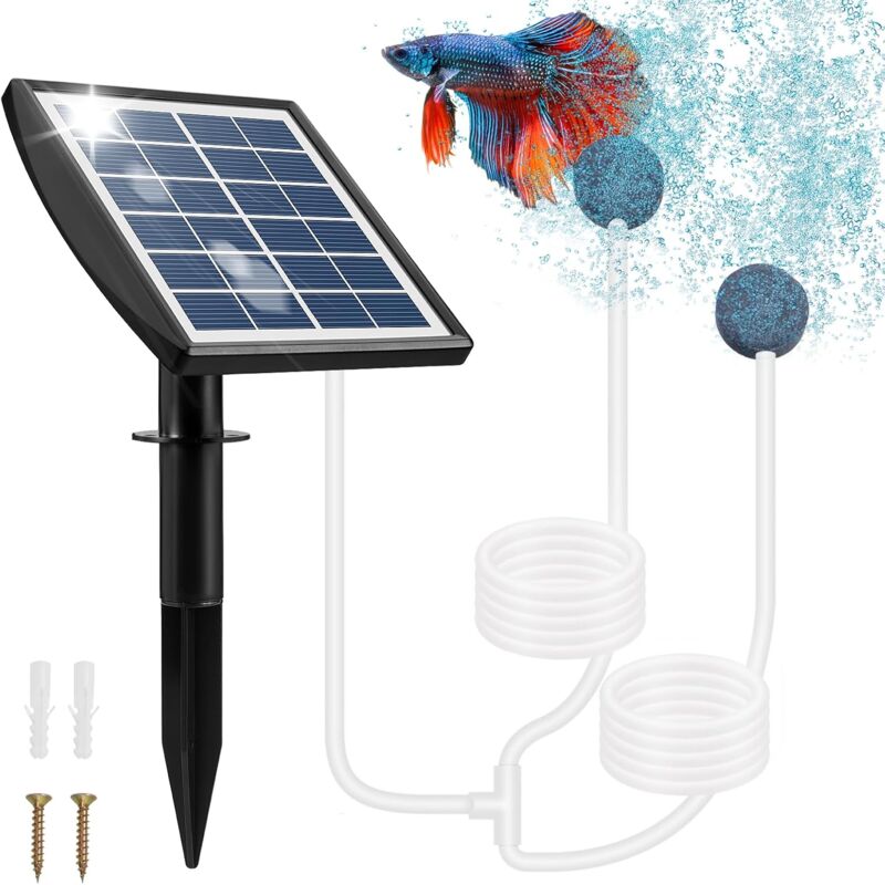 foto del prodotto rapanda pompa solare per laghetto, pompa solare per laghetto da 2 w con batteria da 2200 mah, pompa d aria per laghetto con tubo dell ossigeno e 2