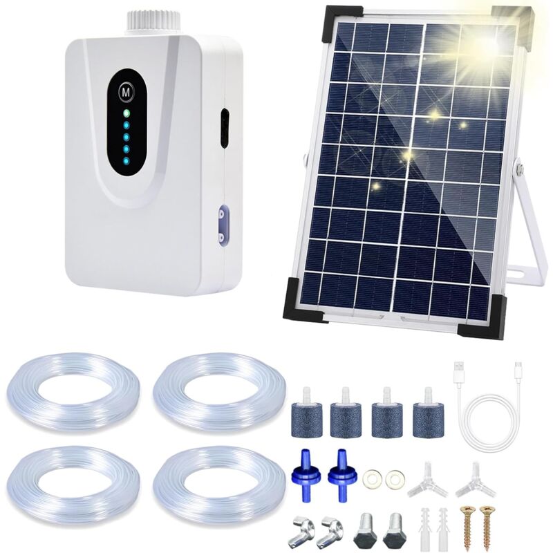 foto del prodotto rapanda pompe ad aria solari, aeratore solare per laghetti da 6 w con batteria da 6000 mah, ricarica usb e solare disponibili, ossigenatore per