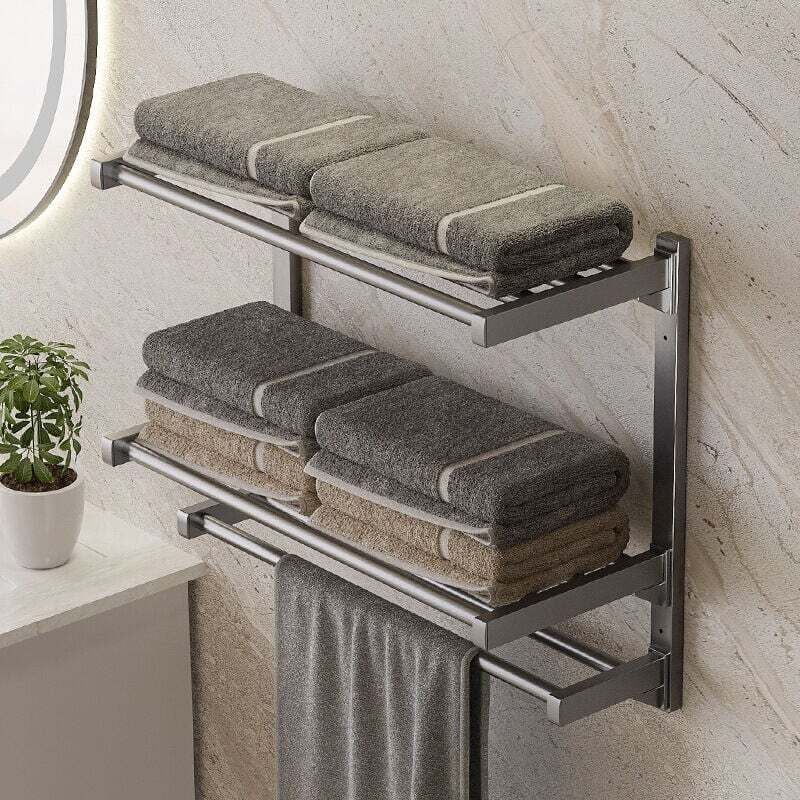 foto del prodotto rapanda portasciugamani da bagno a 3 livelli con portaoggetti rimovibile portasciugamani da bagno con barra portasciugamani a due livelli montaggio