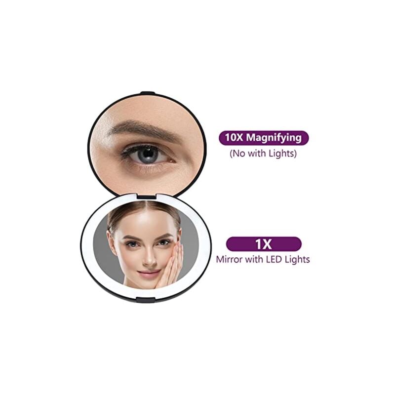 foto del prodotto rapanda specchio per trucco bifacciale specchio a led specchio cosmetico bifacciale pieghevole lampada a led specchio di ricarica usb nero