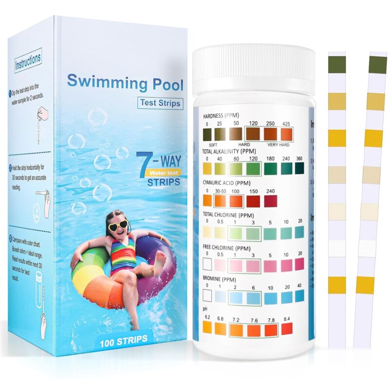 foto del prodotto rapanda tester per acqua per piscine e spa 7 in 1, 100 strisce reattive per piscine, test per piscine di cloro e ph, bromo, durezza totale,