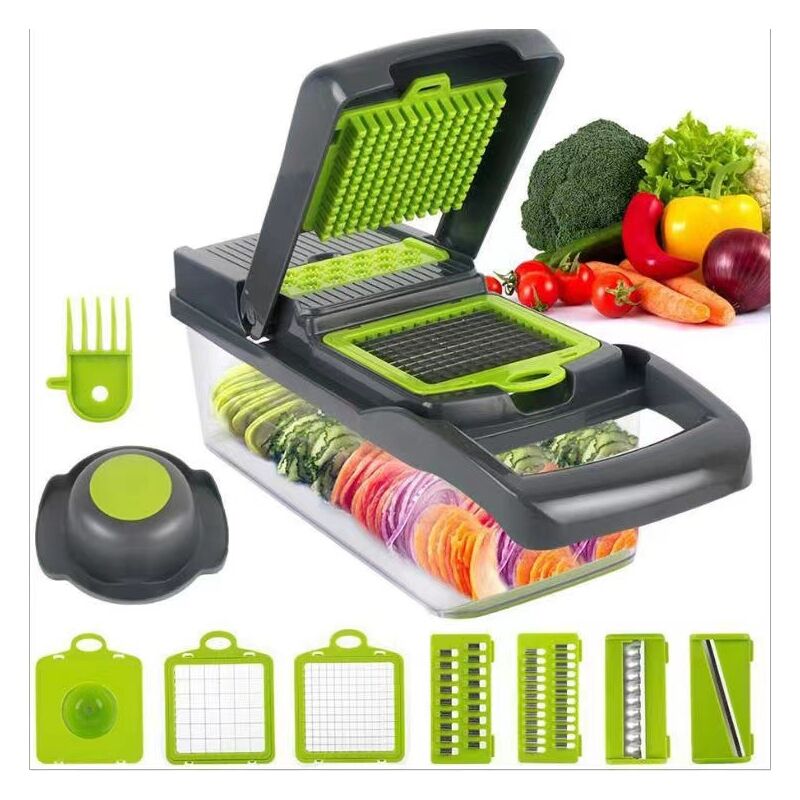 foto del prodotto rapanda tritaverdure multifunzione 16 con contenitore, affetta patate, trita cipolle, trita verdure con cestello passaverdure e contenitore.